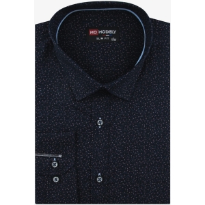 Koszula Męska Elegancka Wizytowa do garnituru granatowa we wzorki z długim rękawem w kroju SLIM FIT Modely H416