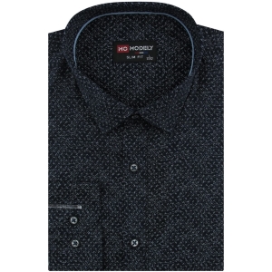 Koszula Męska Elegancka Wizytowa do garnituru granatowa we wzorki z długim rękawem w kroju SLIM FIT Modely H483