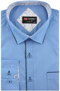 Duża Koszula Męska Elegancka Wizytowa do garnituru gładka niebieska z lamówką z długim rękawem Duże rozmiary H504