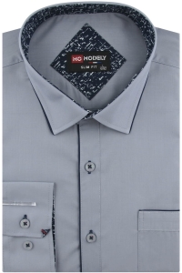 Duża Koszula Męska Elegancka Wizytowa do garnituru gładka szara z lamówką z długim rękawem Duże rozmiary H505