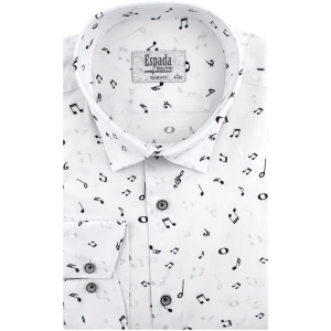 Koszula Męska Elegancka Wizytowa do garnituru cyfrowy nadruk biała w nuty z długim rękawem w kroju SLIM FIT Espada Men's Wear H516