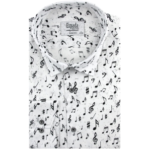 Koszula Męska Elegancka Wizytowa do garnituru cyfrowy nadruk biała w nuty z długim rękawem w kroju SLIM FIT Espada Men's Wear H519