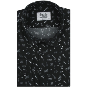Koszula Męska Elegancka Wizytowa do garnituru cyfrowy nadruk czarna w nuty z długim rękawem w kroju SLIM FIT Espada Men's Wear H524
