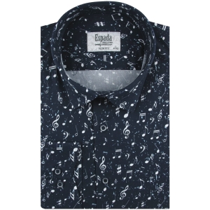 Koszula Męska Elegancka Wizytowa do garnituru cyfrowy nadruk granatowa w nuty z długim rękawem w kroju SLIM FIT Espada Men's Wear H527