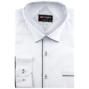 Koszula Męska Elegancka Wizytowa do garnituru gładka biała z lamówką z długim rękawem w kroju SLIM FIT Modely H550