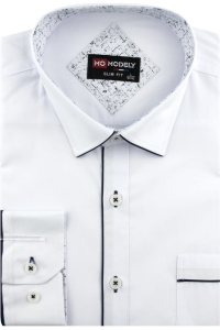 Koszula Męska Elegancka Wizytowa do garnituru gładka biała z lamówką z długim rękawem w kroju SLIM FIT Modely H550