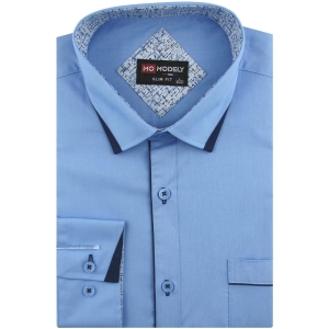 Koszula Męska Elegancka Wizytowa do garnituru gładka niebieska z lamówką z długim rękawem w kroju SLIM FIT Modely H556