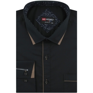 Koszula Męska Elegancka Wizytowa do garnituru gładka czarna z lamówką z długim rękawem w kroju SLIM FIT Modely H557