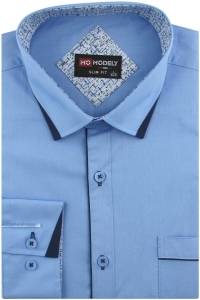 Koszula Męska Elegancka Wizytowa do garnituru gładka niebieska z lamówką z długim rękawem w kroju SLIM FIT Modely H556