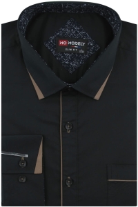 Koszula Męska Elegancka Wizytowa do garnituru gładka czarna z lamówką z długim rękawem w kroju SLIM FIT Modely H557