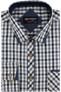 Koszula Męska Codzienna Casual czarna w kratkę z długim rękawem w kroju SLIM FIT Modely H596