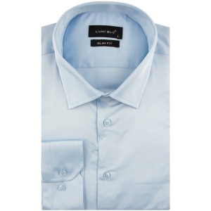 Koszula Męska Elegancka Wizytowa do garnituru gładka błękitna z długim rękawem w kroju SLIM FIT Lumi Blu H677
