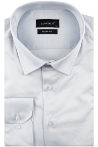 Koszula Męska Elegancka Wizytowa do garnituru gładka szara srebrna z długim rękawem w kroju SLIM FIT Lumi Blu H681
