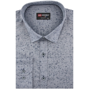 Lniana Koszula Męska Codzienna Casual szara we wzorki z długim rękawem w kroju SLIM FIT Modely H841