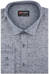 Lniana Koszula Męska Codzienna Casual szara we wzorki z długim rękawem w kroju SLIM FIT Modely H841