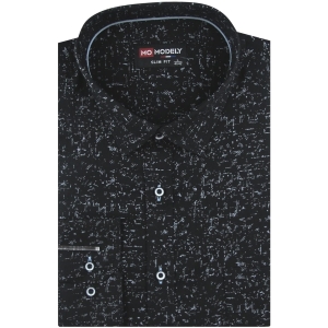 Lniana Koszula Męska Codzienna Casual czarna we wzorki z długim rękawem w kroju SLIM FIT Modely H844