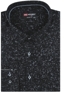 Lniana Koszula Męska Codzienna Casual czarna we wzorki z długim rękawem w kroju SLIM FIT Modely H844