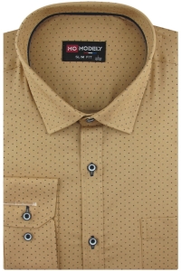 Koszula Męska Elegancka Wizytowa do garnituru karmelowa we wzorki z długim rękawem w kroju SLIM FIT Modely H847