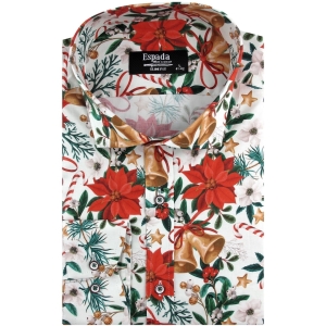 Koszula Męska Elegancka na Święta biała z Motywem Świątecznym z długim rękawem w kroju SLIM FIT Espada Men's Wear H908
