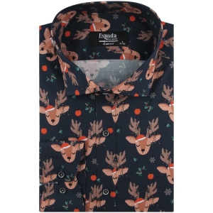 Koszula Męska Elegancka na Święta granatowa z Motywem Świątecznym z długim rękawem w kroju SLIM FIT Espada Men's Wear H910