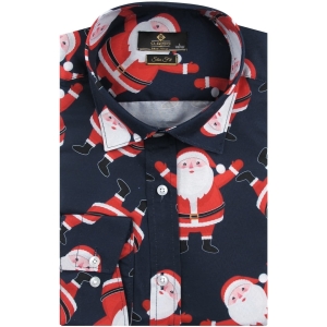 Koszula Męska Elegancka Na Święta granatowa z Motywem Świątecznym z długim rękawem w kroju SLIM FIT Classo H929