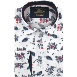 Koszula Męska Elegancka Wizytowa do garnituru biała w kwiaty z długim rękawem w kroju SLIM FIT Classo H941