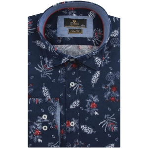 Koszula Męska Elegancka Wizytowa do garnituru granatowa w kwiaty z długim rękawem w kroju SLIM FIT Classo H942