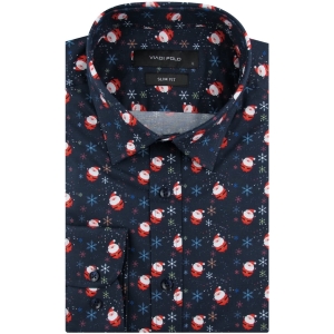 Koszula Męska Elegancka Na Święta granatowa z Motywem Świątecznym z długim rękawem w kroju SLIM FIT Viadi Polo H943