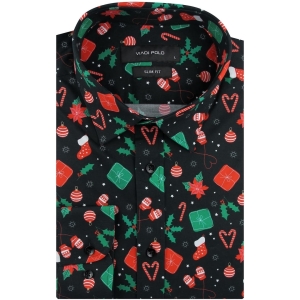Koszula Męska Elegancka Na Święta czarna z Motywem Świątecznym z długim rękawem w kroju SLIM FIT Viadi Polo H944