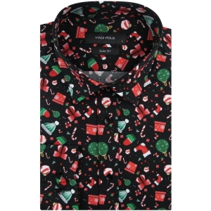 Koszula Męska Elegancka Na Święta czarna z Motywem Świątecznym z długim rękawem w kroju SLIM FIT Viadi Polo H946