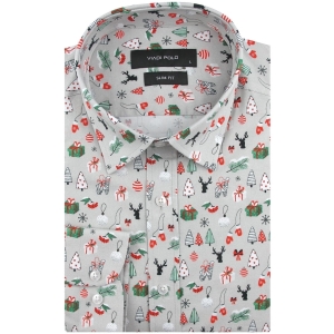 Koszula Męska Elegancka Na Święta szara z Motywem Świątecznym z długim rękawem w kroju SLIM FIT Viadi Polo H948