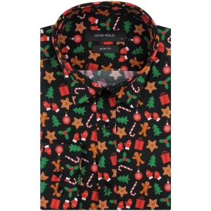 Koszula Męska Elegancka Na Święta czarna z Motywem Świątecznym z długim rękawem w kroju SLIM FIT Viadi Polo H949