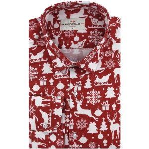 Koszula Męska Elegancka Na Święta czerwona z Motywem Świątecznym z długim rękawem w kroju SLIM FIT Redpolo H954