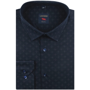 Koszula Męska Elegancka Wizytowa do garnituru granatowa we wzorki z długim rękawem w kroju SLIM FIT Laviino H990