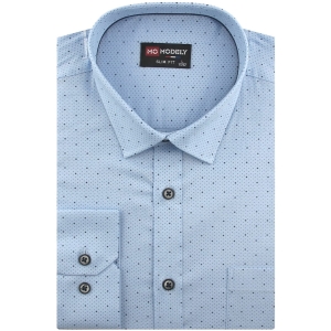 Koszula Męska Elegancka Wizytowa do garnituru niebieska we wzorki z długim rękawem w kroju SLIM FIT Modely J040
