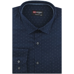 Koszula Męska Elegancka Wizytowa do garnituru granatowa we wzorki z długim rękawem w kroju SLIM FIT Modely J042