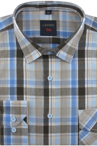 Koszula Męska Codzienna Bawełniana Casual brązowa w kratkę z długim rękawem w kroju REGULAR Laviino J070
