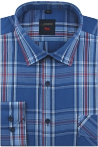 Duża Koszula Męska Codzienna Bawełniana Casual niebieska w kratkę z długim rękawem Duże rozmiary Laviino J075