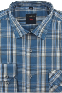 Duża Koszula Męska Codzienna Bawełniana Casual niebieska w kratkę z długim rękawem Duże rozmiary Laviino J078