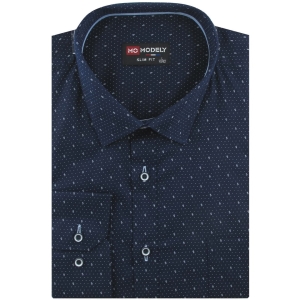 Koszula Męska Elegancka Wizytowa do garnituru granatowa we wzorki z długim rękawem w kroju SLIM FIT Modely J142