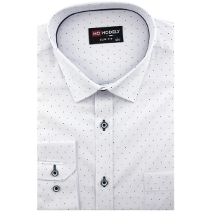 Koszula Męska Elegancka Wizytowa do garnituru biała we wzorki z długim rękawem w kroju SLIM FIT Modely J123