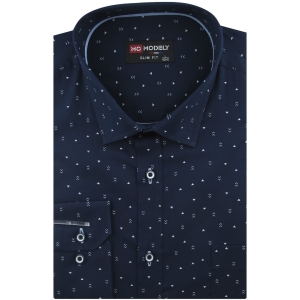 Koszula Męska Elegancka Wizytowa do garnituru granatowa we wzorki z długim rękawem w kroju SLIM FIT Modely J124