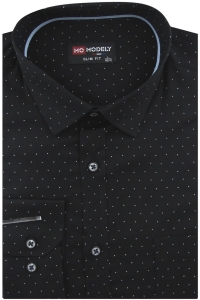 Koszula Męska Elegancka Wizytowa do garnituru czarna we wzorki z długim rękawem w kroju SLIM FIT Modely J140