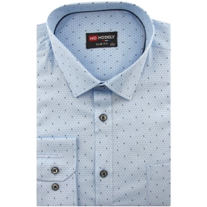 Koszula Męska Elegancka Wizytowa do garnituru niebieska we wzorki z długim rękawem w kroju SLIM FIT Modely J143