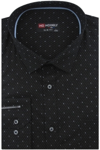 Koszula Męska Elegancka Wizytowa do garnituru czarna we wzorki z długim rękawem w kroju SLIM FIT Modely J144