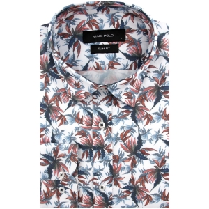 Koszula Męska Elegancka Wizytowa do garnituru cyfrowy nadruk biała w listki z długim rękawem w kroju SLIM FIT Viadi Polo J169