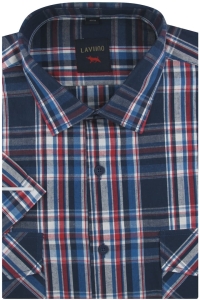 Koszula Męska Codzienna Bawełniana Casual granatowa w kratę z krótkim rękawem w kroju REGULAR Laviino P674