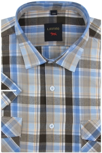 Koszula Męska Codzienna Bawełniana Casual brązowa w kratę z krótkim rękawem w kroju REGULAR Laviino P679