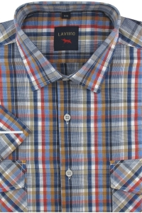 Duża Koszula Męska Codzienna Bawełniana Casual niebieska w kratę z krótkim rękawem Duże rozmiary Laviino P682
