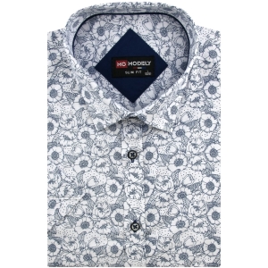 Koszula Męska Elegancka Wizytowa do garnituru biała w kwiatki z krótkim rękawem w kroju SLIM FIT Modely P745